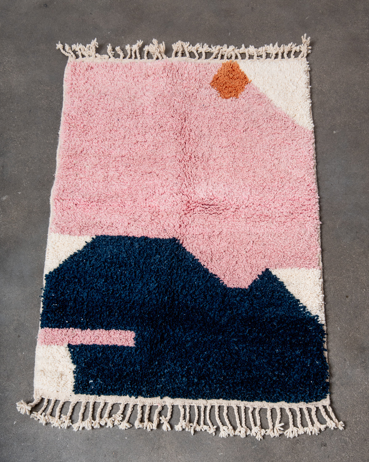 Modern, designer, handcrafted Berber rug from Morocco. Beniourain carpet with beautiful colours and patterns and fluffy wool texture.
